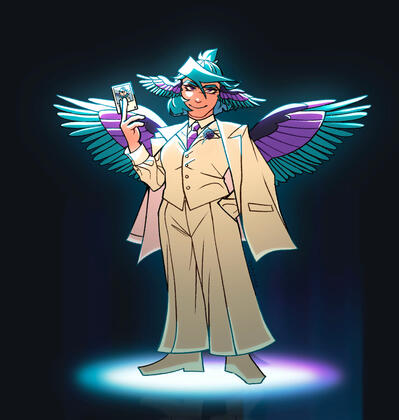 A woman with short turquoise hair looking confidently into the camera. In her hand is an ID card.