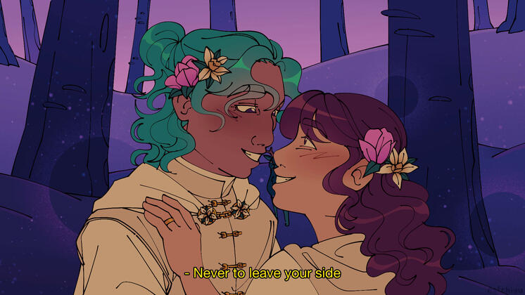 A man and woman stare lovingly into each others eyes. The background is a purple forest and it is sparkling around the couple.