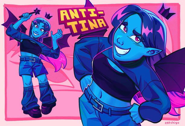 Tina smiling awkwardly while leaning towards the camera. Behind her is another Tina who appears more confident as she makes a crown gesture with her hands.