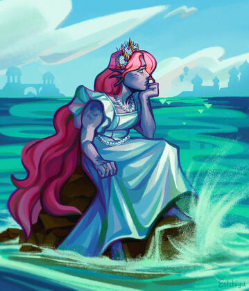 Painting of a axolotl humanoid sitting on an ocean rock while staring longingly into the distance.