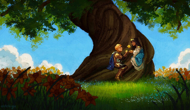 Couple staring lovingly at each other while one hands a flower to the other. They are under a large tree's shade while surrounded by flowers.